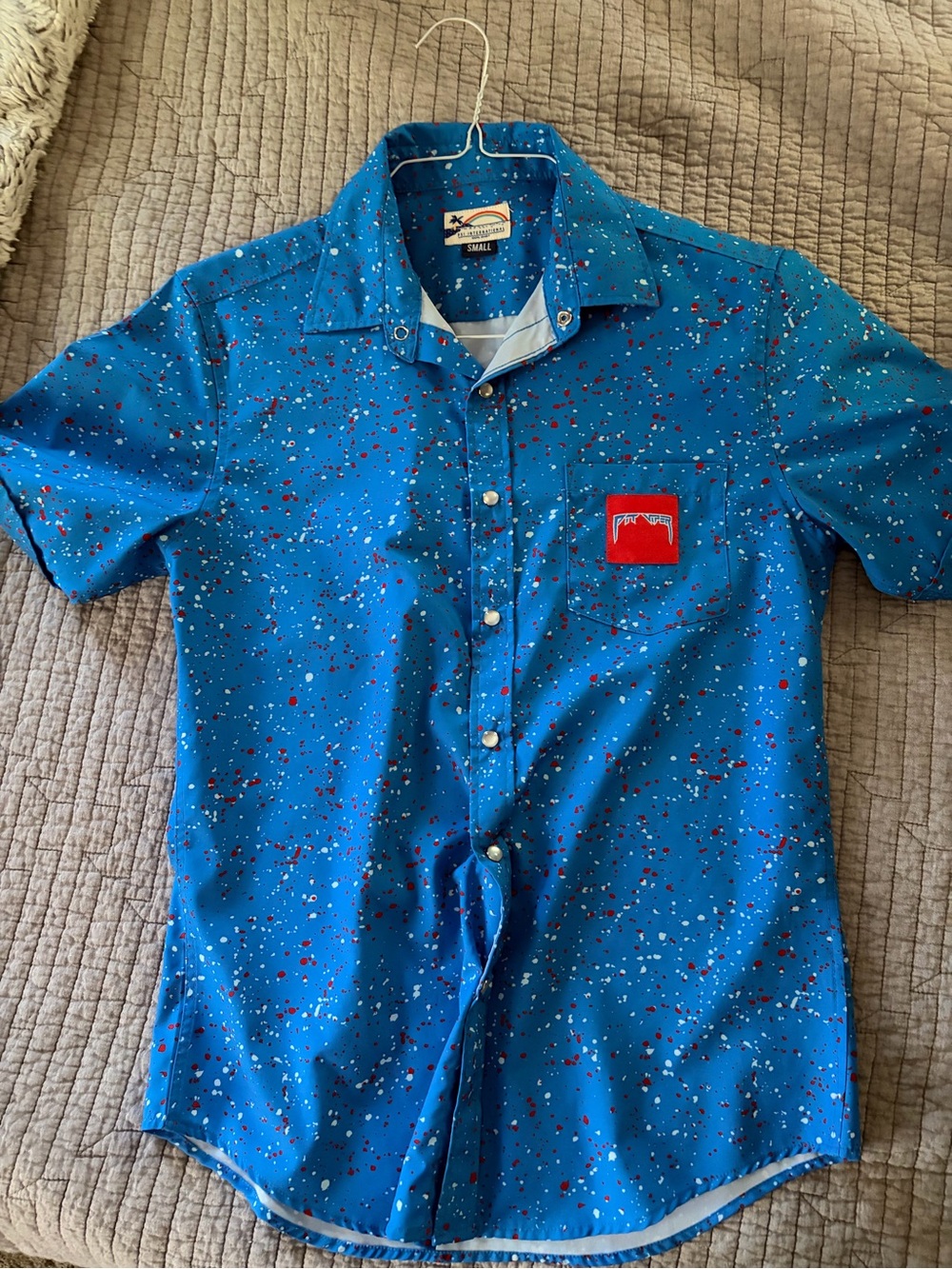 Pit Viper Blue Short-Sleeve Button-Up Shirt with Red Accent